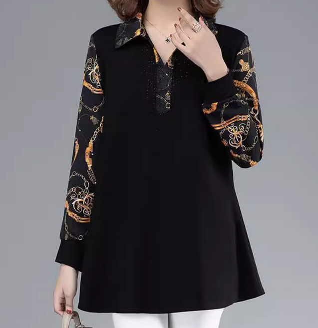 쌍천 중년여성 봄 가을 카라티 체인무늬 루즈핏 빅사이즈 긴팔 티셔츠 블라우스 엄마옷 40-60대 A25092206