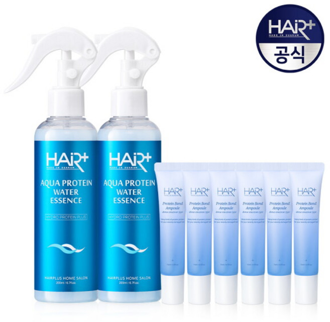 [헤어플러스] 아쿠아 단백질 본드 워터 에센스 헤어 미스트 200ml X2개 + 단백질 앰플 15ml X6개 / 노워시 트리트먼트, 1개, 490ml