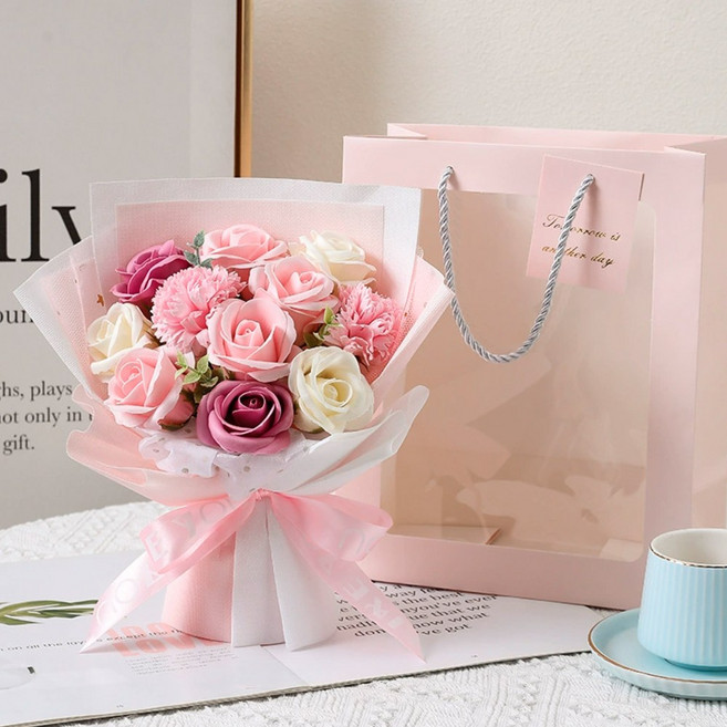 유니팡 러블리 로맨틱 기념일 장미 11송이 비누 꽃다발 + 쇼핑백, 1개, 핑크