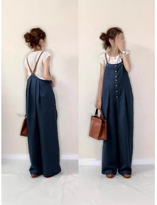 FINE ART 여성 멜빵바지 솔리드 캐주얼 와이드 팬츠 점프수트