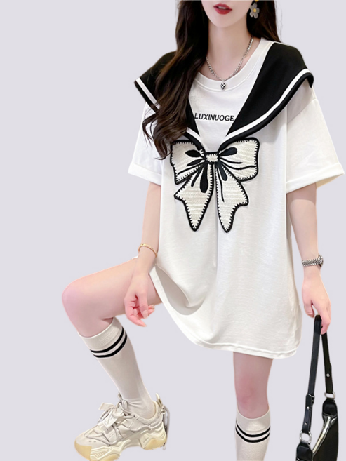 여성용 오버사이즈 세일러넥 순면 반팔 티셔츠 뉴타임즈Women's T-shirt