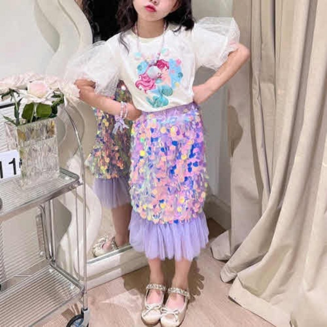 인어공주 스팽글 여아 치마 상하세트 유아 머메이드 스커트 티셔츠 투피스