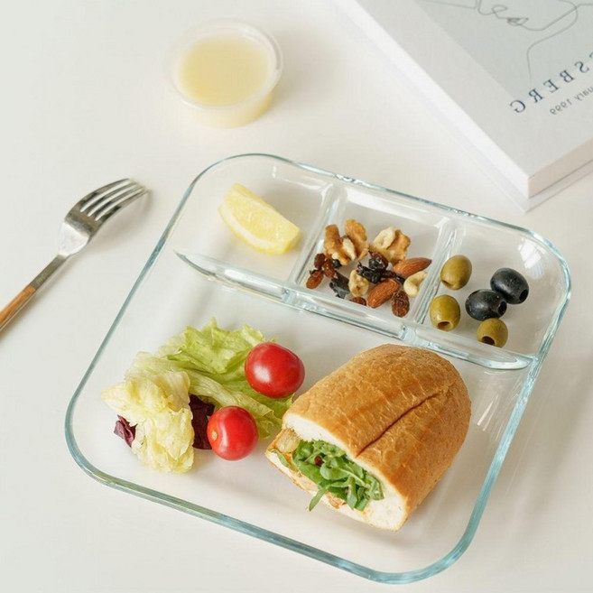 투명 플레이팅 사각 강화 나눔 내열 칸칸접시 유리 식판 4칸, 1개, 대