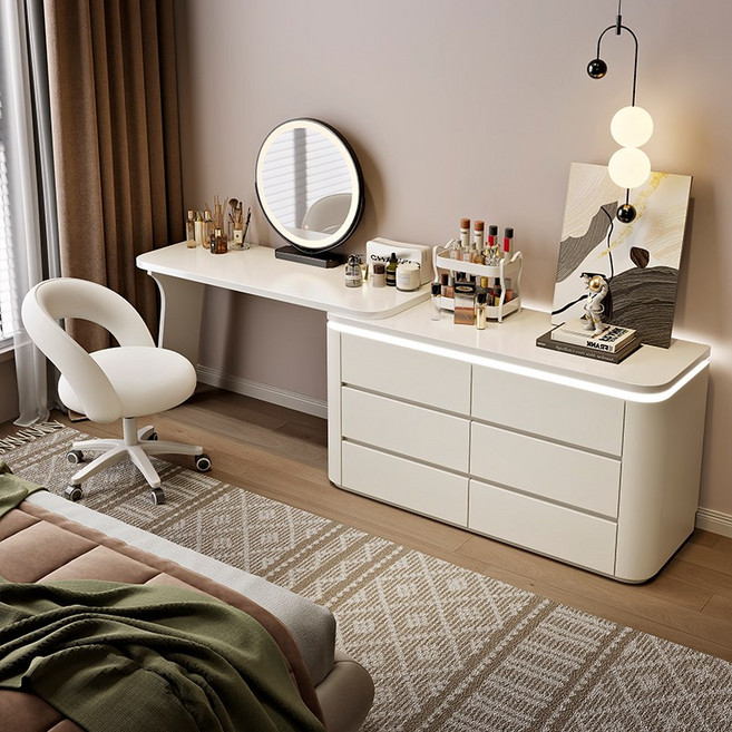 수납형 LED 입식 화장대 확장 가능 서랍형 화장대, G01+6서랍장+원형 거울+회전 의자
