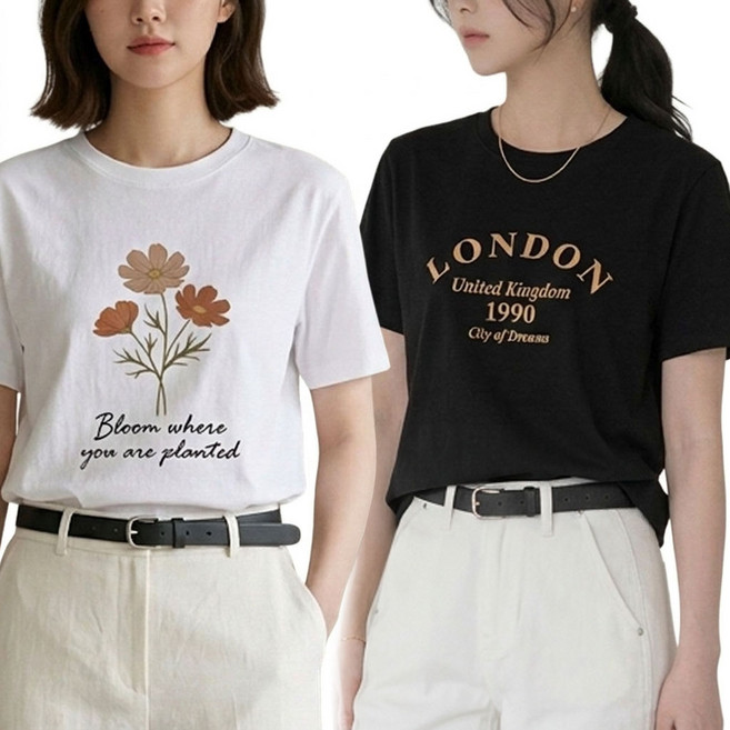 [릴리안나] 여성 반팔 티셔츠 2장 세트 블랙 화이트 프린팅 면티 데일리 기본 캐주얼티