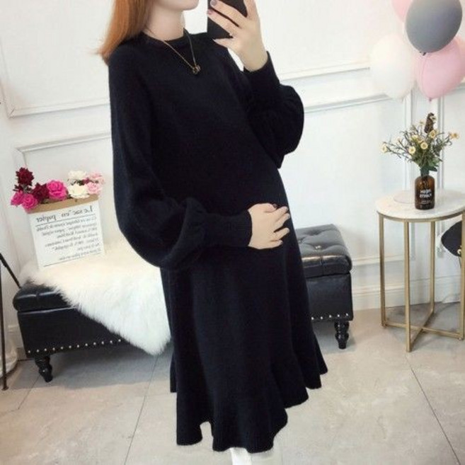 孕婦秋冬裝毛衣連衣裙套裝 時尚大碼中長款寬松A字毛衣裙 針織上衣 托腹長褲 大尺碼女裝 秋冬
