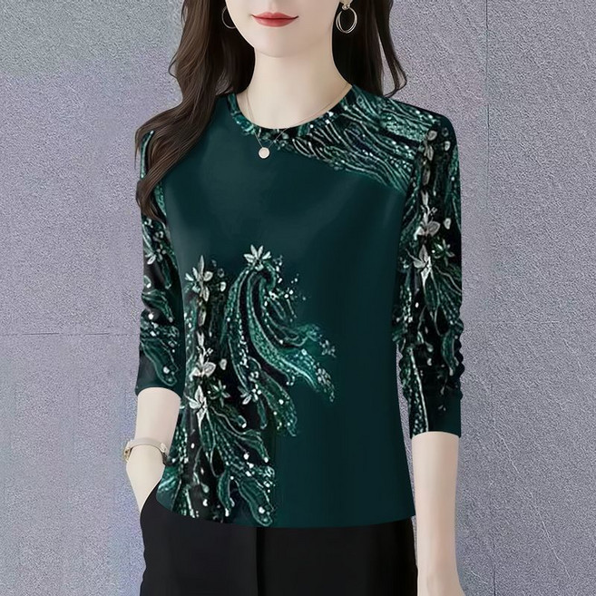 스타일여유 중장년여성 봄 가을 라운드 티셔츠 캐주얼 빅사이즈 엄마 데일리 티 루즈핏 긴팔 상의HF