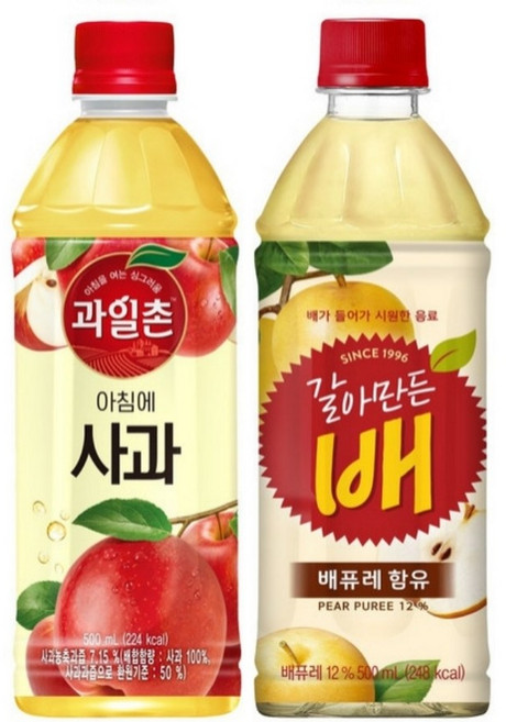 해태음료 과일촌 아침에 사과+갈아만든배 2종 각 12개씩 혼합, 24개, 500ml