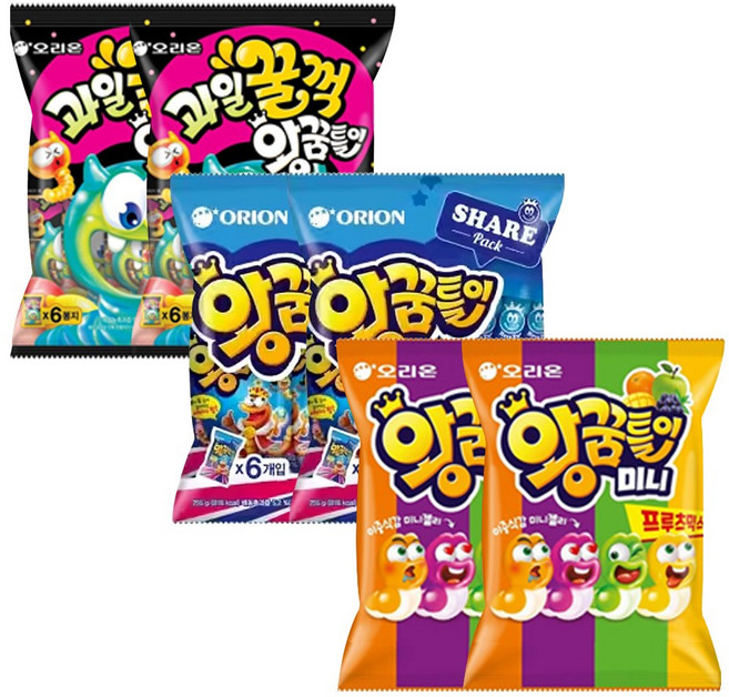 오리온 왕꿈틀이 255g+과일꿀꺽왕꿈틀이 210g+왕꿈틀이미니 336g 번들 2개씩 총 6개