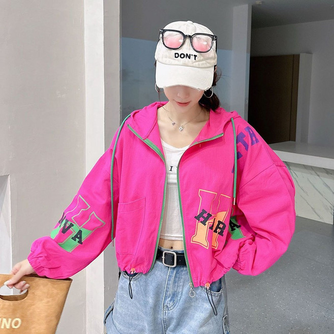 ROYALBELLE 여성 빈티지 플라워 긴팔 후드 자켓 빅사이즈 집업 면마혼방 루즈핏 숏점퍼 캐주얼룩 Y062513