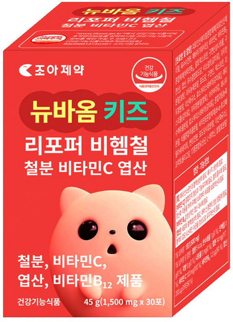 뉴바옴 키즈 리포버 비헴철분 엽산 비타민C 비타민B12 철분제 헤모론 헤모글로빈 빈혈 청소년 어린이 유아 아기 영유아 비햄철(non-heme iron), 1개, 30정