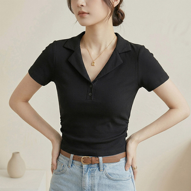 카밀라쇼룸 여리여리 슬림핏 사이드 셔링 카라 브이넥 쫀쫀 스판 반팔 티셔츠