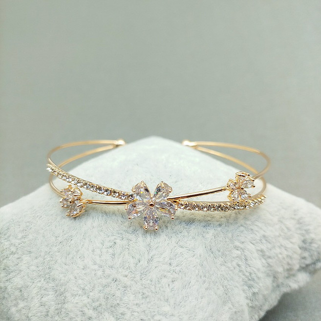 큐빅 플라워 오픈 뱅글 팔찌 두줄 팔찌 레이어드 팔찌