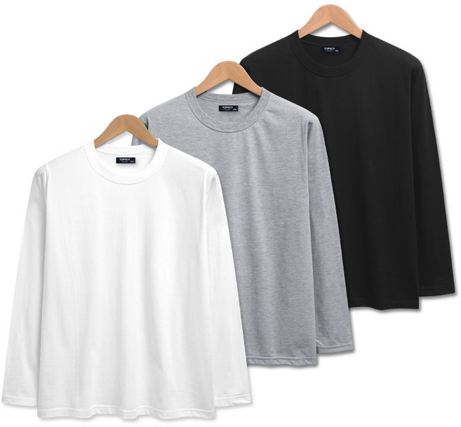 탑보이 3장 세트 30수 라운드 긴팔 쭉티 무지 면티 흰티 남녀공용 빅사이즈 티셔츠 (SCC5258PT)