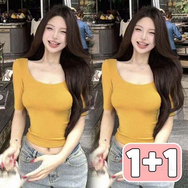 1+1 여성용 스판 반팔 티 무지 슬림핏 이너티 쫄티 여자섹시티 JUSTFEELING