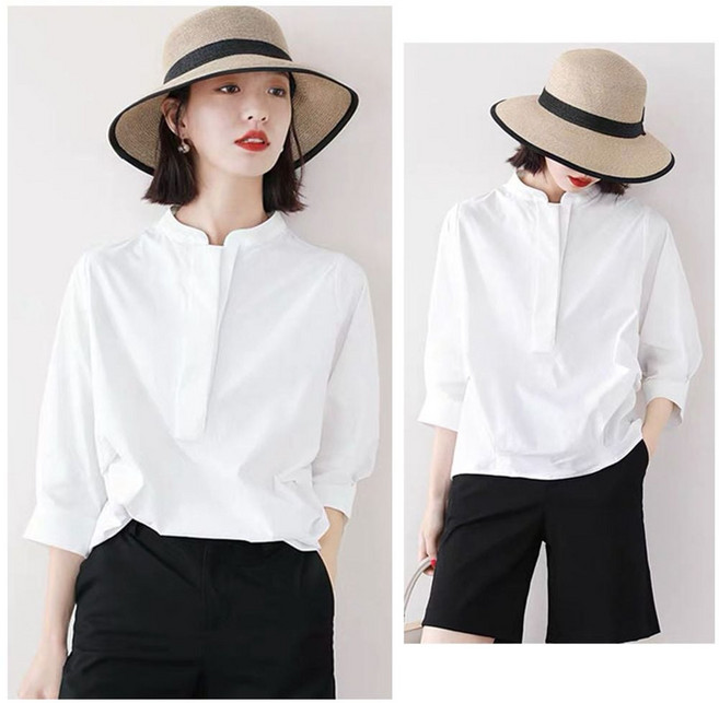 여성셔츠 블라우스 칠부 소매 화이트 패션 블라우스_woc_2604
