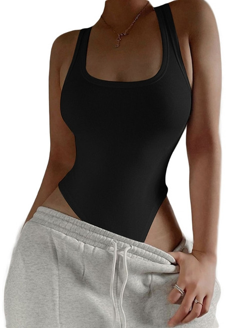 여성 여름 스포츠 슬리브리스 바디수트 골지 니트 레이서백 탱크탑 점프슈트