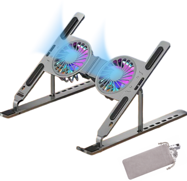 웨이모션 듀얼 쿨링팬 접이식 노트북 거치대 휴대용 각도조절 미끄럼방지 스테인레스 스틸, 1개, 스페이스 그레이