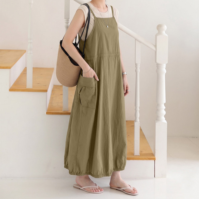 데일리앤 시아 시원한 여름 뷔스티에 레이어드 멜빵 바스락 스트링 벌룬 카고 밴딩 끈나시 롱 원피스