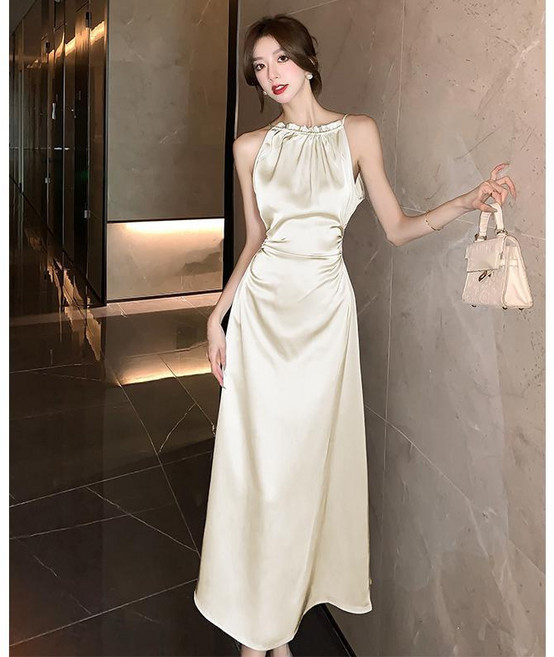 미중 여성 여름 뉴 빅사이즈 여신 섹시 허리 드러난 고급 예복 무지 숙녀 민소매 홀터넥 원피스 Lcy