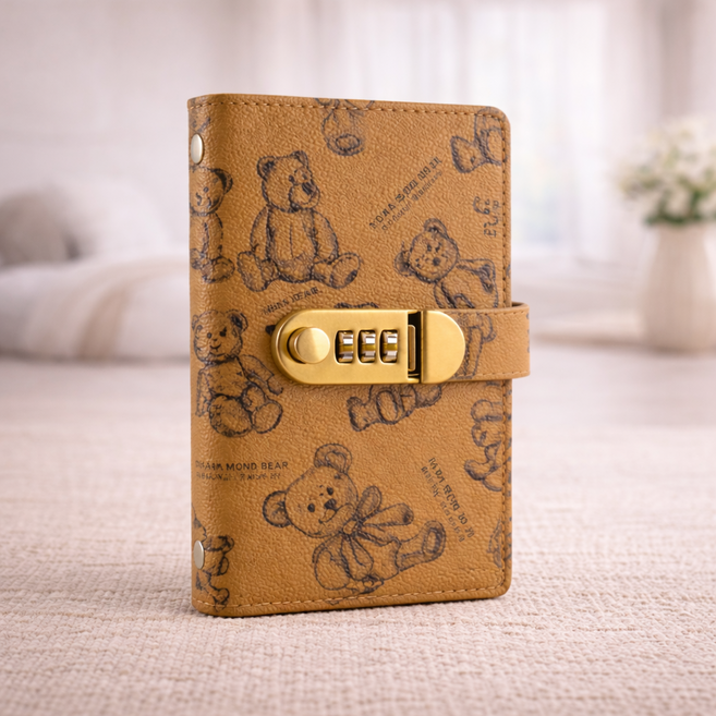 바로로 곰돌이 현금 저축 바인더 영수증 문서 서류 가죽 비밀번호 다이어리, 1개, 카키베어 브라운