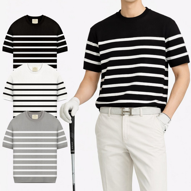 남성 골프 반팔티 스트라이프 반팔 니트 여름 골프웨어 상의 남자 골프복 니트티 빅사이즈