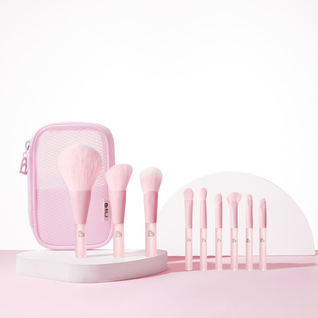 BLJ 피치 메이크업 항균모 브러쉬 9종 휴대용 여행미니세트(파우치 포함), 1개