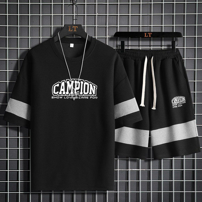 ANYOU 여름 남성 트레이닝 세트 스쿨룩 캐주얼 반팔티+반바지 투피스