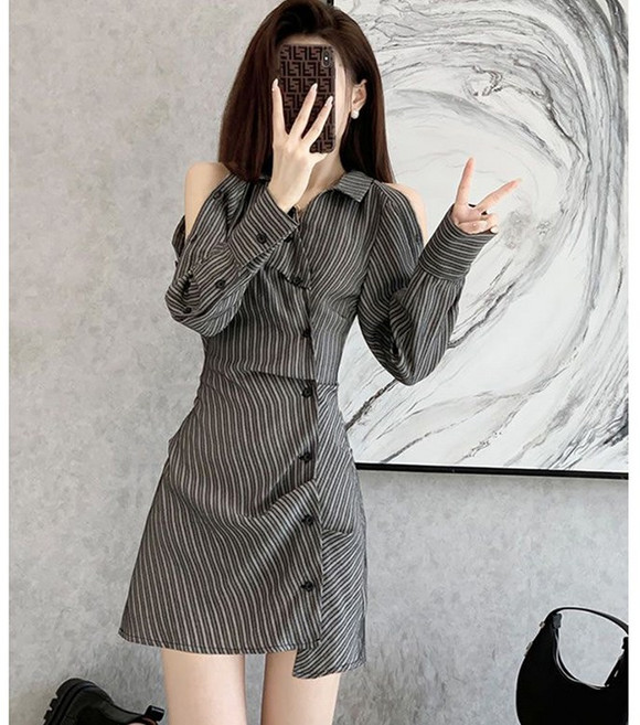 JUSTFEELING 어깨트임 셔츠원피스 긴팔 불규칙 봄가을 미니원피스 패션 언발 스프라이트 원피스