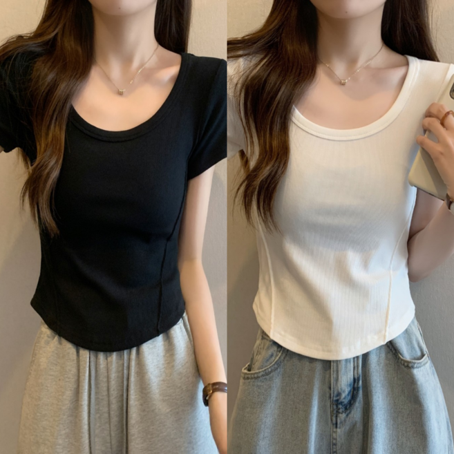일월전빵 1+1 유넥 슬림핏 스판 데일리 심플 골지 반팔 니트 BS-C095