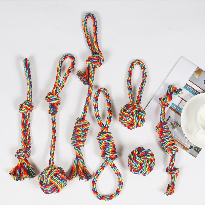 냥멍스 강아지 로프 장난감 터그놀이 7종 세트 면사 매듭 내구성 좋은 반려견 터그장난감 무지개 색상 소형부터 대형견 겸용, 1세트, 레인보우