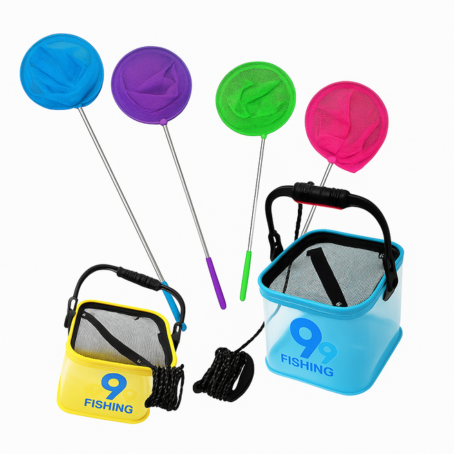 999피싱 물고기 곤충 채집 세트 뜰채 두레박 물통 물고기 잡기 물놀이, 옐로우, 핑크
