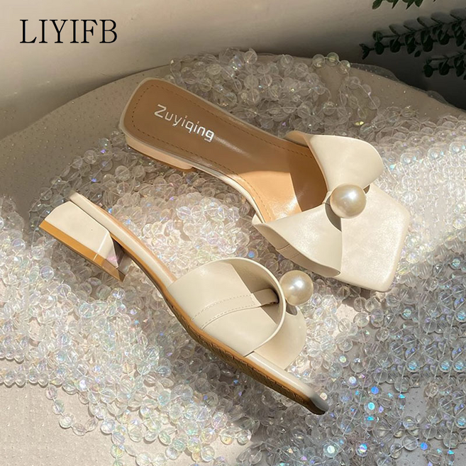 LIYIFB 진주 리본 여성 슬리퍼 3cm 빅사이즈 여성 샌들265-225