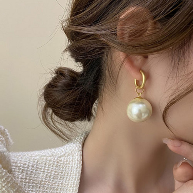 여성 무광 골드 드롭 진주 원터치 투워이 귀걸이 A847