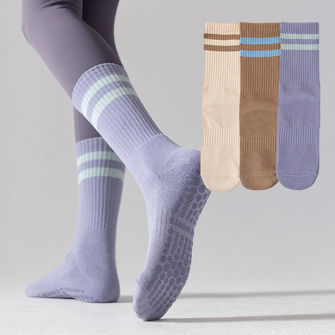 애프터러닝 삼선 논슬립 필라테스 양말 쿠션 두툼한 요가 러닝 스포츠 등산 3켤레, 1개, 퍼플+브라운+베이지