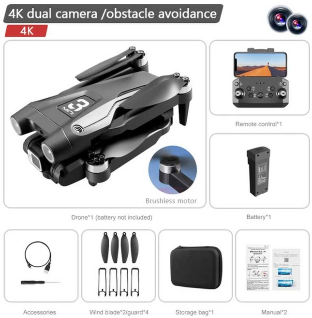 입문용 농업용 드론 샤오미 미지아 Z908 프로 맥스 브러시리스 모터 8K GPS 전문 듀얼 HD 항공 사진 FPV 물 회피 쿼드로터 [호환], Black Dual-4K-1B