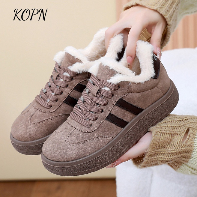 KOPN 면화 여자 겨울 기모 가두 보온 캐주얼 판화 두꺼운 바닥 앞 끈 덕훈화 빵화 백합 러닝화 겨울 기모 면화