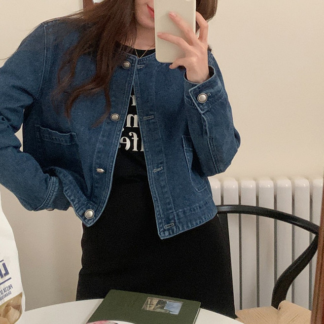 노카라 데님 라운드넥 청 자켓 세미 크롭 여성 숏 아우터