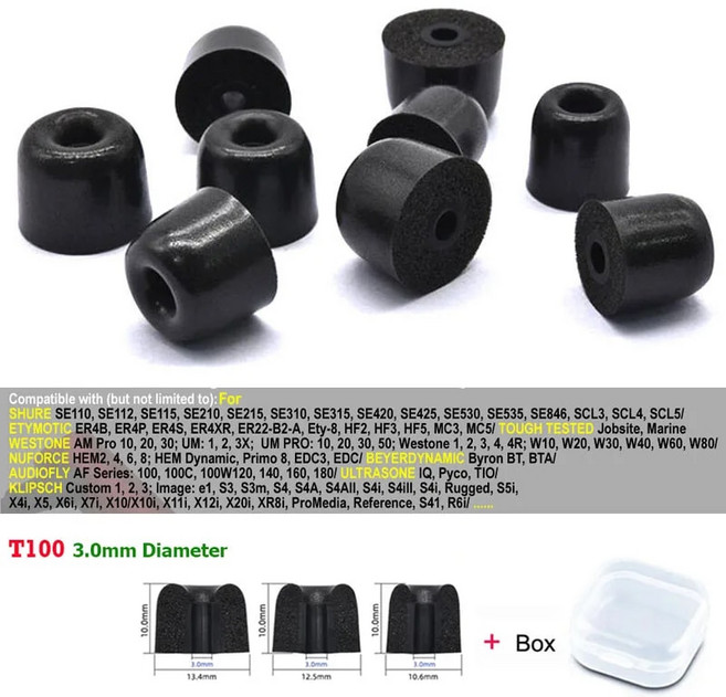 업그레이드 메모리 폼 이어 패드 T100 3.0mm (L M S) 소음 차단 편안한 슈어 SE215 SE535 SE425 SE846 이어 팁 3 쌍, 1.Black - Mixed (L M S), 1개