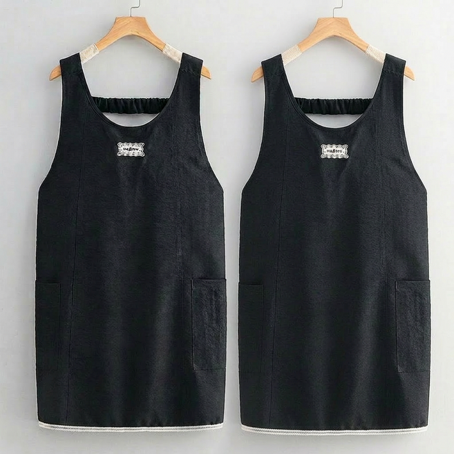 LINSHU 부드러움 통기성 앞치마 오염 방지 어깨끈 타입, 1세트, 블랙+블랙