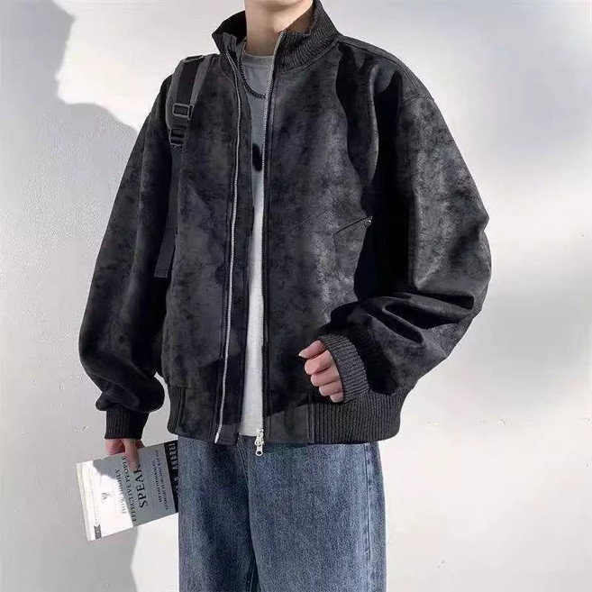 男士拉鏈立領休閒外套 棒球服外套 PU皮夾克