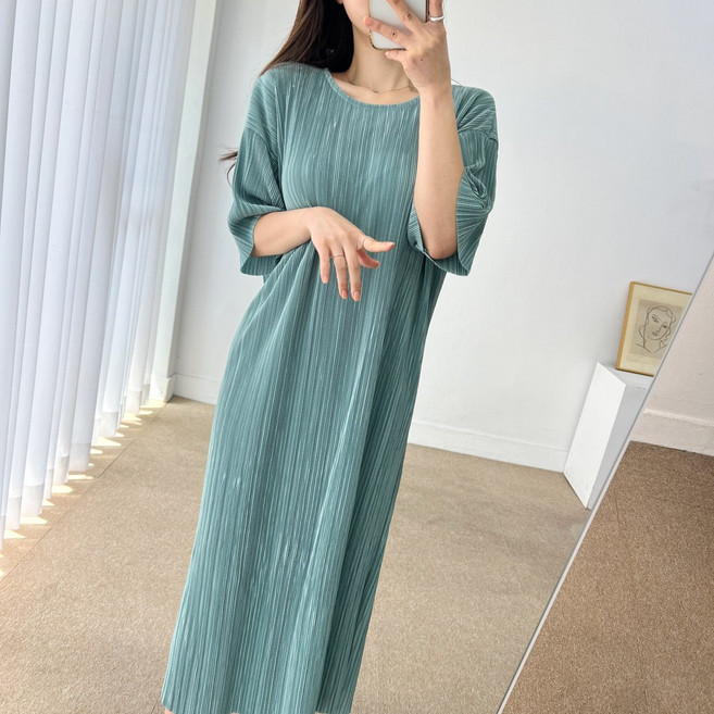 오버핏 썸머 플리츠 주름 트임 반팔 트임 롱 원피스 5color