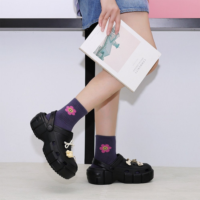 C&D 女鞋 5CM韓系輕量厚底小熊洞洞鞋, 黑色, 38