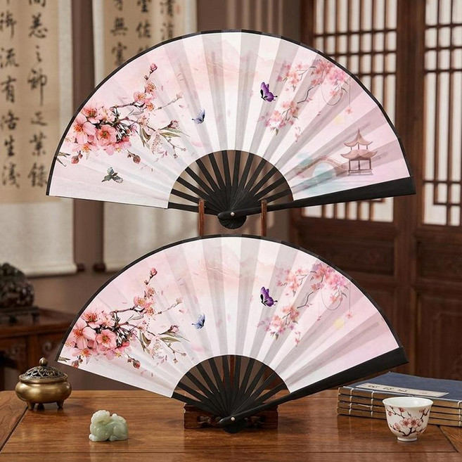 熊貓水墨畫摺扇 雙面絹布國潮風扇子, 10寸雙面相同S4 - 粉櫻戲蝶, 1個