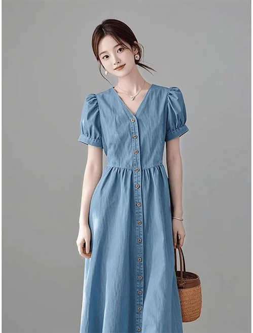 지고다그 여성 데님 반팔 원피스 여름 루즈핏 브이넥 청치마 롱기장 플레어 스타일 SX69698