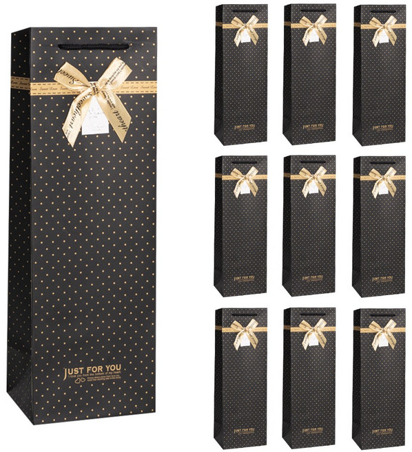 링비츠 와인 선물 포장 쇼핑백 캐리어 손잡이 럭셔리 WP13, 10개입, 땡땡이리본-블랙