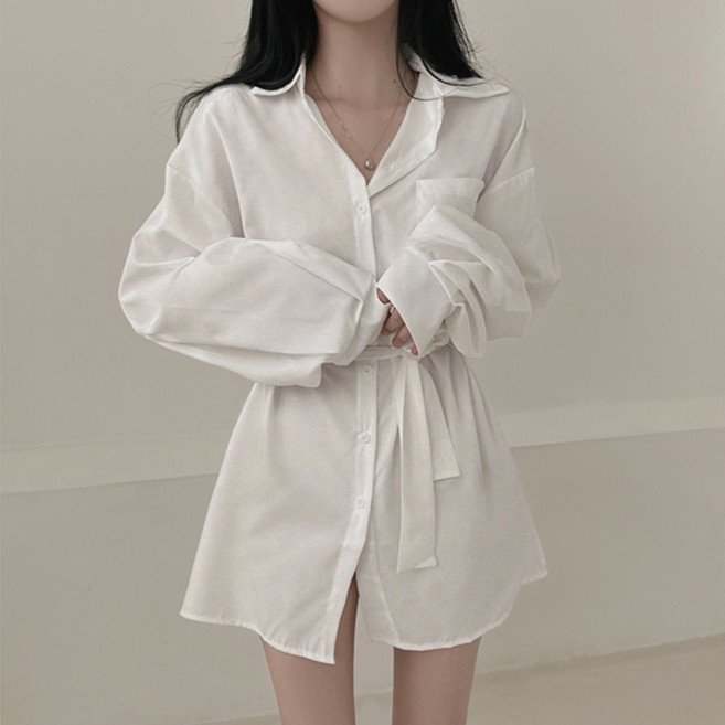 라라홀리 루즈 오버핏 허리 스트링 긴팔 원피스 셔츠