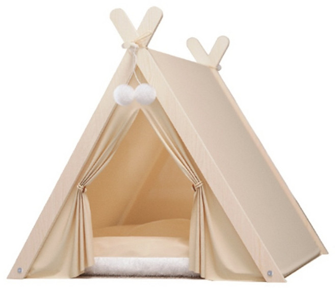 펫블리스 고급 애견 원목 인디언 텐트 방석 하우스, 1개, 베이지