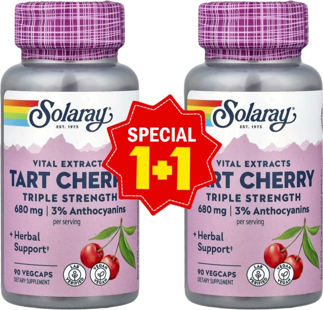 1+1 솔라레이 바이탈 익스트렉츠 트리플 스트랭스 타트체리 680mg 베지 캡슐 90정 안토시아닌 함유 / 해외직구 미국정품, 2개 - 쿠팡