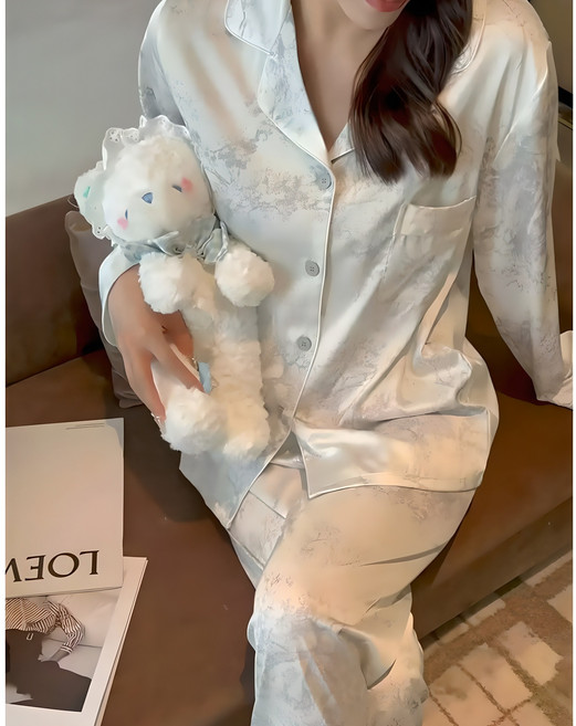 미야미 여성용 나염 고급 실크 루즈핏 파자마 긴팔 상하의 세트(2color)